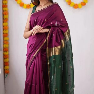 AXONIT Women's Cotton Saree with Zari Motifs & Dual Tone Finish with Unstitched Blouse Piece