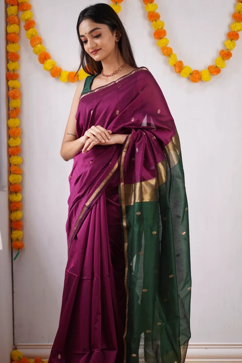 AXONIT Women's Cotton Saree with Zari Motifs & Dual Tone Finish with Unstitched Blouse Piece