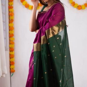 AXONIT Women's Cotton Saree with Zari Motifs & Dual Tone Finish with Unstitched Blouse Piece