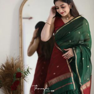 AXONIT Women's Cotton Saree with Zari Motifs & Dual Tone Finish with Unstitched Blouse Piece