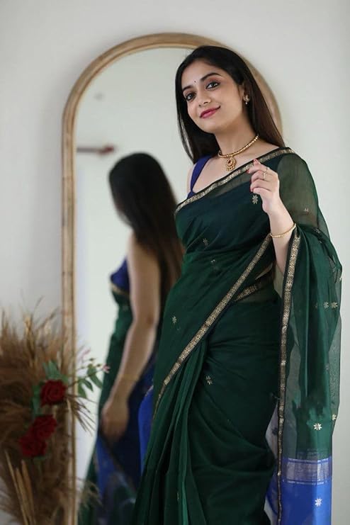 AXONIT Women's Cotton Saree with Zari Motifs & Dual Tone Finish with Unstitched Blouse Piece