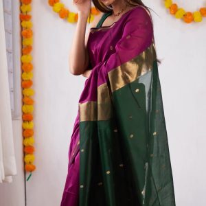 AXONIT Women's Cotton Saree with Zari Motifs & Dual Tone Finish with Unstitched Blouse Piece