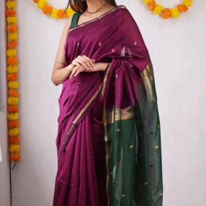 AXONIT Women's Cotton Saree with Zari Motifs & Dual Tone Finish with Unstitched Blouse Piece