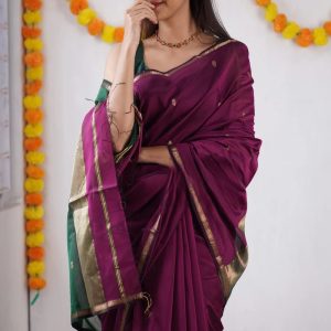 AXONIT Women's Cotton Saree with Zari Motifs & Dual Tone Finish with Unstitched Blouse Piece