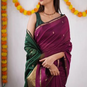 AXONIT Women's Cotton Saree with Zari Motifs & Dual Tone Finish with Unstitched Blouse Piece