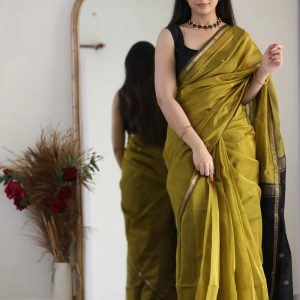 AXONIT Women's Cotton Saree with Zari Motifs & Dual Tone Finish with Unstitched Blouse Piece