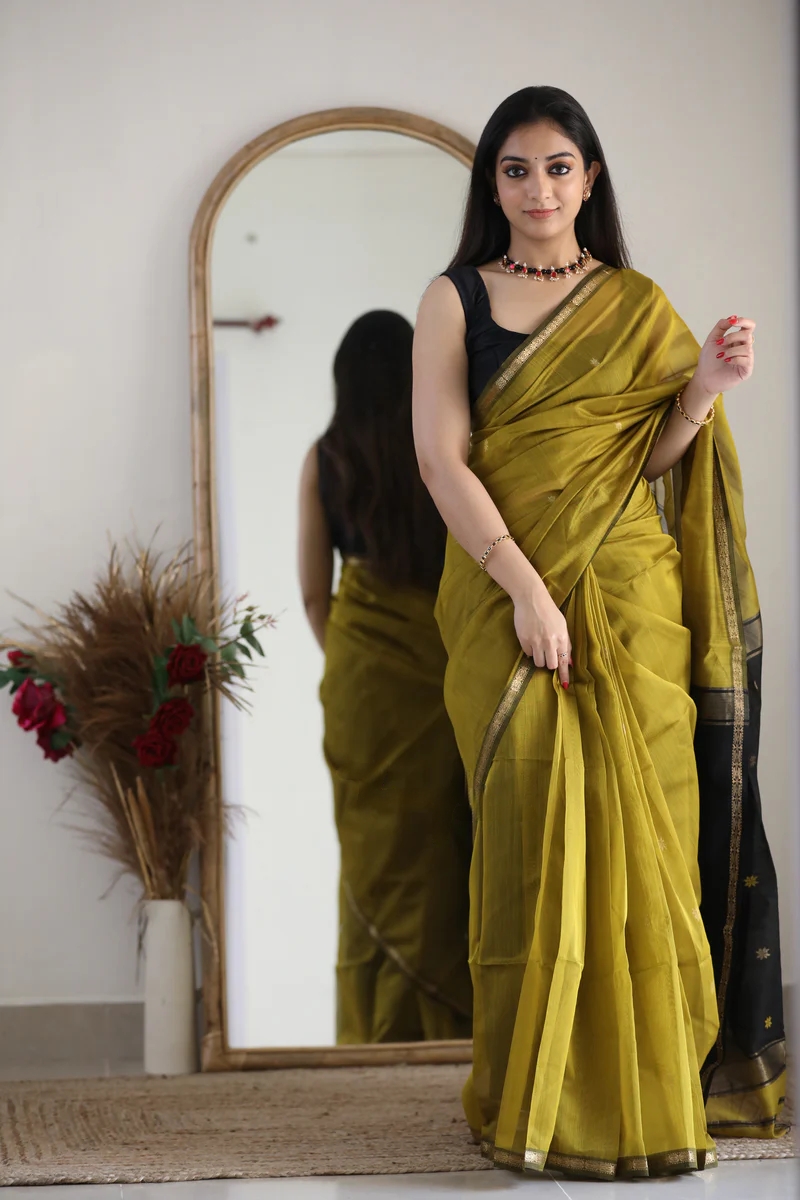 AXONIT Women's Cotton Saree with Zari Motifs & Dual Tone Finish with Unstitched Blouse Piece
