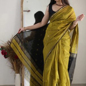 AXONIT Women's Cotton Saree with Zari Motifs & Dual Tone Finish with Unstitched Blouse Piece