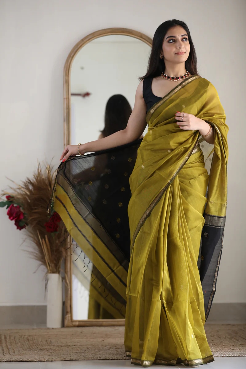 AXONIT Women's Cotton Saree with Zari Motifs & Dual Tone Finish with Unstitched Blouse Piece
