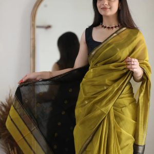AXONIT Women's Cotton Saree with Zari Motifs & Dual Tone Finish with Unstitched Blouse Piece