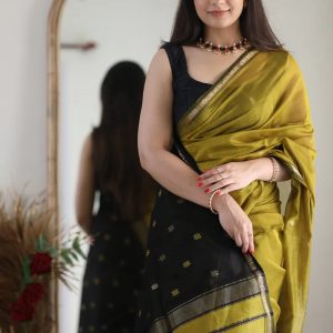 AXONIT Women's Cotton Saree with Zari Motifs & Dual Tone Finish with Unstitched Blouse Piece
