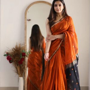 AXONIT Women's Cotton Saree with Zari Motifs & Dual Tone Finish with Unstitched Blouse Piece