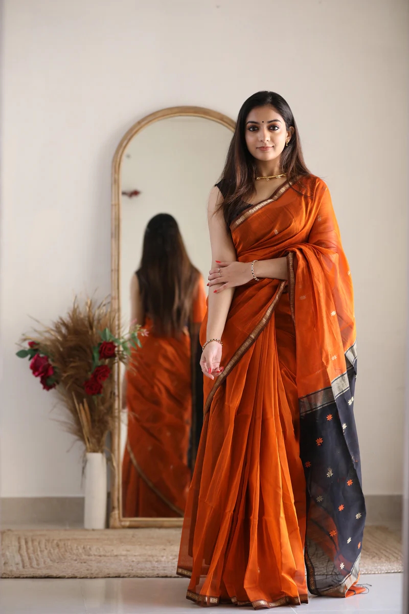 AXONIT Women's Cotton Saree with Zari Motifs & Dual Tone Finish with Unstitched Blouse Piece