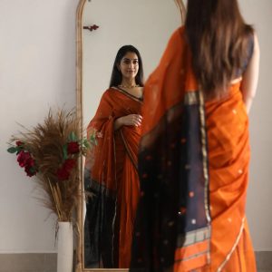 AXONIT Women's Cotton Saree with Zari Motifs & Dual Tone Finish with Unstitched Blouse Piece