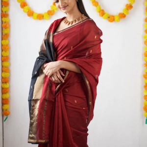 AXONIT Women's Cotton Saree with Zari Motifs & Dual Tone Finish with Unstitched Blouse Piece