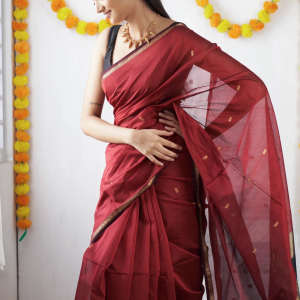 AXONIT Women's Cotton Saree with Zari Motifs & Dual Tone Finish with Unstitched Blouse Piece