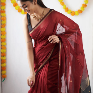 AXONIT Women's Cotton Saree with Zari Motifs & Dual Tone Finish with Unstitched Blouse Piece