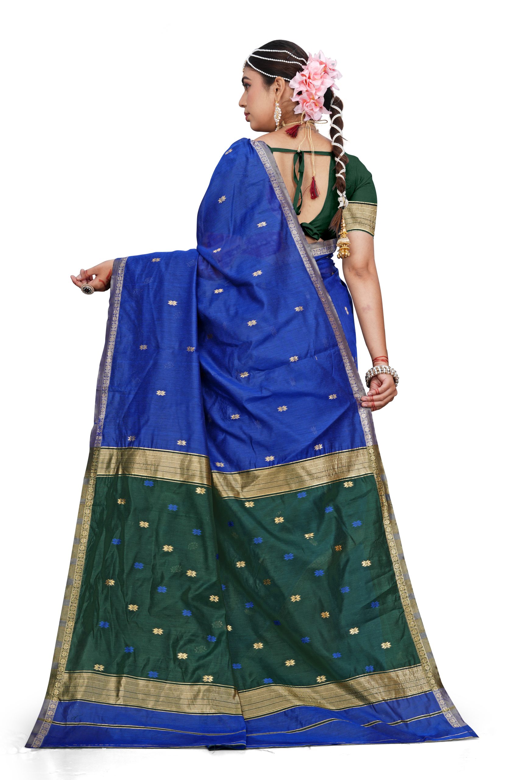 AXONIT Women's Cotton Saree with Zari Motifs & Dual Tone Finish with Unstitched Blouse Piece