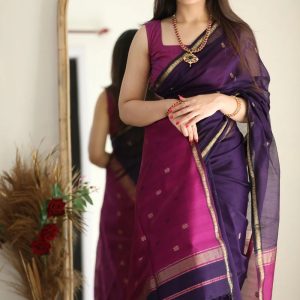 AXONIT Women's Cotton Saree with Zari Motifs & Dual Tone Finish with Unstitched Blouse Piece