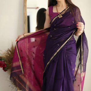 AXONIT Women's Cotton Saree with Zari Motifs & Dual Tone Finish with Unstitched Blouse Piece