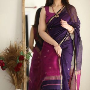 AXONIT Women's Cotton Saree with Zari Motifs & Dual Tone Finish with Unstitched Blouse Piece