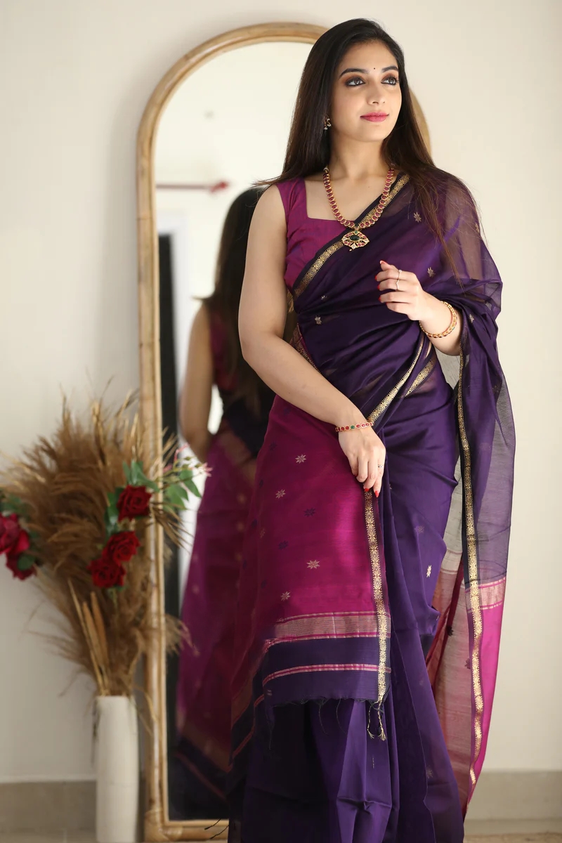 AXONIT Women's Cotton Saree with Zari Motifs & Dual Tone Finish with Unstitched Blouse Piece