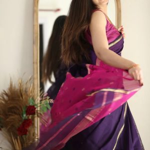 AXONIT Women's Cotton Saree with Zari Motifs & Dual Tone Finish with Unstitched Blouse Piece