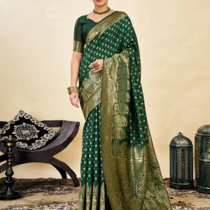 AXONIT Women's Silk Blend Banarasi Jacquard Classic Motif Design Saree with Unstitched Blouse Piece