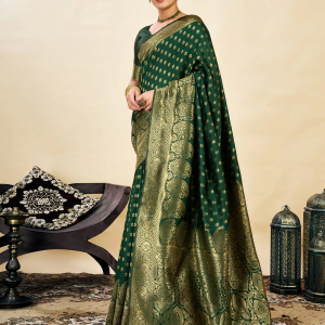 AXONIT Women's Silk Blend Banarasi Jacquard Classic Motif Design Saree with Unstitched Blouse Piece