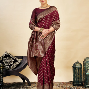 AXONIT Women's Silk Blend Banarasi Jacquard Classic Motif Design Saree with Unstitched Blouse Piece