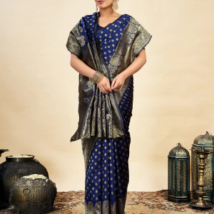AXONIT Women's Silk Blend Banarasi Jacquard Classic Motif Design Saree with Unstitched Blouse Piece