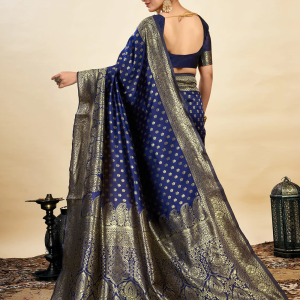 AXONIT Women's Silk Blend Banarasi Jacquard Classic Motif Design Saree with Unstitched Blouse Piece