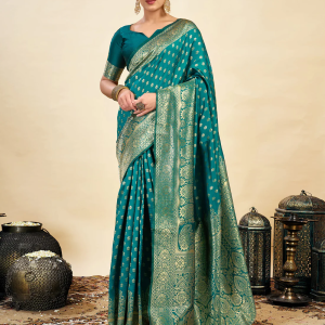 AXONIT Women's Silk Blend Banarasi Jacquard Classic Motif Design Saree with Unstitched Blouse Piece