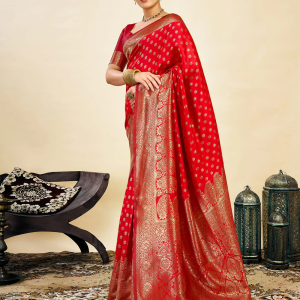 AXONIT Women's Silk Blend Banarasi Jacquard Classic Motif Design Saree with Unstitched Blouse Piece