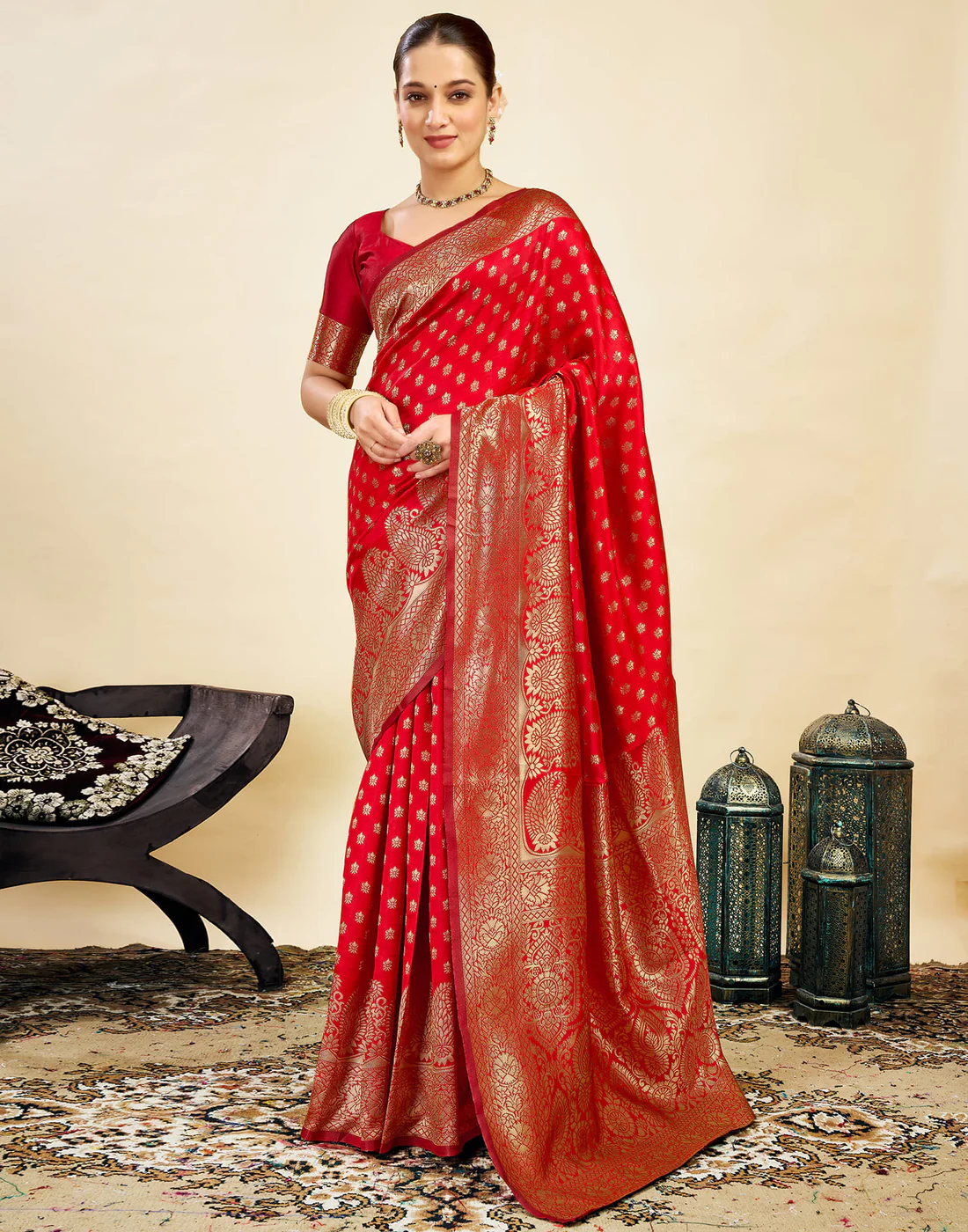 AXONIT Women's Silk Blend Banarasi Jacquard Classic Motif Design Saree with Unstitched Blouse Piece