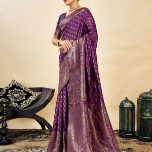 AXONIT Women's Silk Blend Banarasi Jacquard Classic Motif Design Saree with Unstitched Blouse Piece