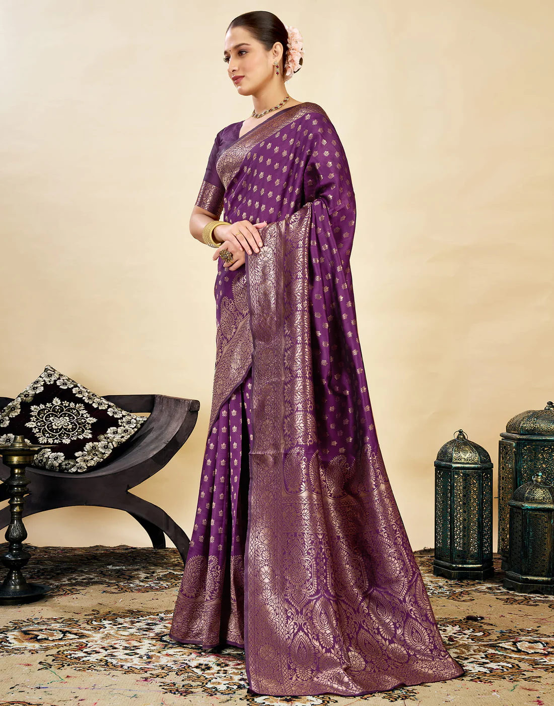 AXONIT Women's Silk Blend Banarasi Jacquard Classic Motif Design Saree with Unstitched Blouse Piece