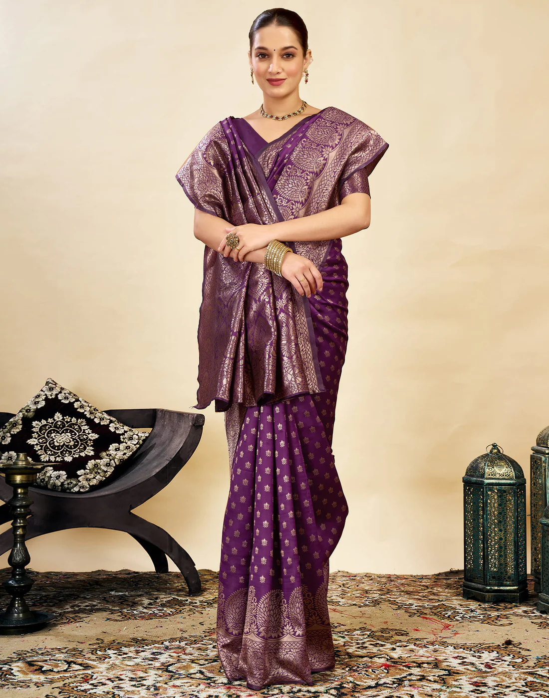 AXONIT Women's Silk Blend Banarasi Jacquard Classic Motif Design Saree with Unstitched Blouse Piece