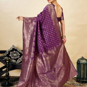 AXONIT Women's Silk Blend Banarasi Jacquard Classic Motif Design Saree with Unstitched Blouse Piece