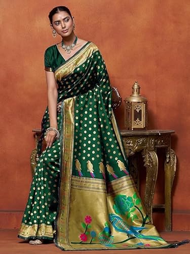 AXONIT Women's Silk Saree with Peacock & Floral Motifs & Multi-Color Weaving Pallu with Unstitched Blouse Piece - Green