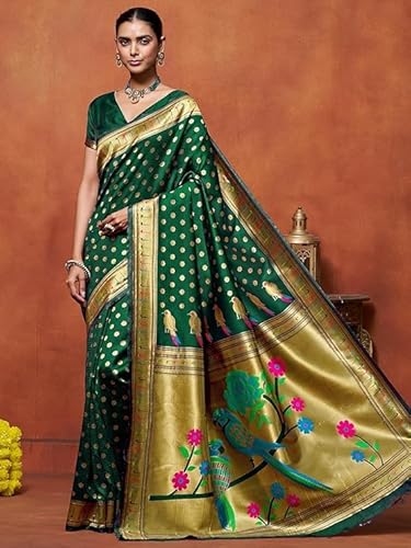 AXONIT Women's Silk Saree with Peacock & Floral Motifs & Multi-Color Weaving Pallu with Unstitched Blouse Piece - Green