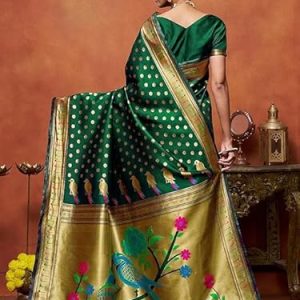 AXONIT Women's Silk Saree with Peacock & Floral Motifs & Multi-Color Weaving Pallu with Unstitched Blouse Piece - Green