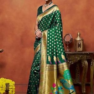 AXONIT Women's Silk Saree with Peacock & Floral Motifs & Multi-Color Weaving Pallu with Unstitched Blouse Piece - Green
