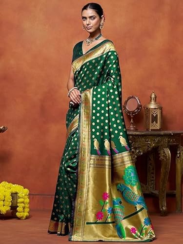 AXONIT Women's Silk Saree with Peacock & Floral Motifs & Multi-Color Weaving Pallu with Unstitched Blouse Piece - Green