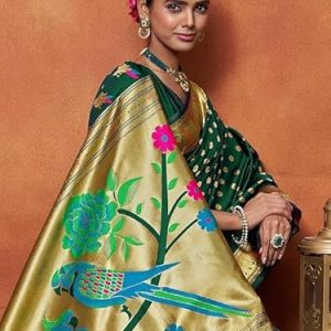 AXONIT Women's Silk Saree with Peacock & Floral Motifs & Multi-Color Weaving Pallu with Unstitched Blouse Piece - Green