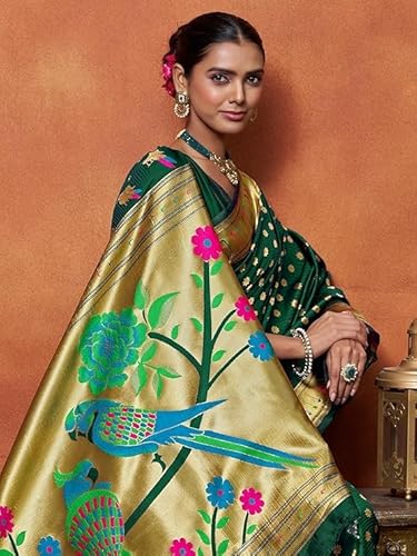 AXONIT Women's Silk Saree with Peacock & Floral Motifs & Multi-Color Weaving Pallu with Unstitched Blouse Piece - Green