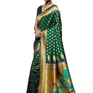 AXONIT Women's Silk Saree with Peacock & Floral Motifs & Multi-Color Weaving Pallu with Unstitched Blouse Piece - Green