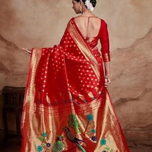 AXONIT Women's Silk Saree with Peacock & Floral Motifs & Multi-Color Weaving Pallu with Unstitched Blouse Piece - Red