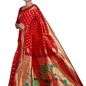 AXONIT Women's Silk Saree with Peacock & Floral Motifs & Multi-Color Weaving Pallu with Unstitched Blouse Piece - Red
