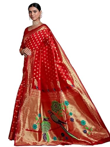 AXONIT Women's Silk Saree with Peacock & Floral Motifs & Multi-Color Weaving Pallu with Unstitched Blouse Piece - Red